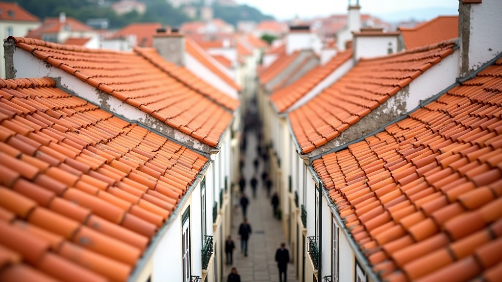 Aerial view of historic Lisbon neighborhood with terracotta-tiled rooftops, narrow winding streets, and traditional Portuguese architecture buildings