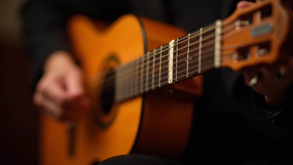 Traditional fado guitar with intricate rosewood details, close-up of instrument