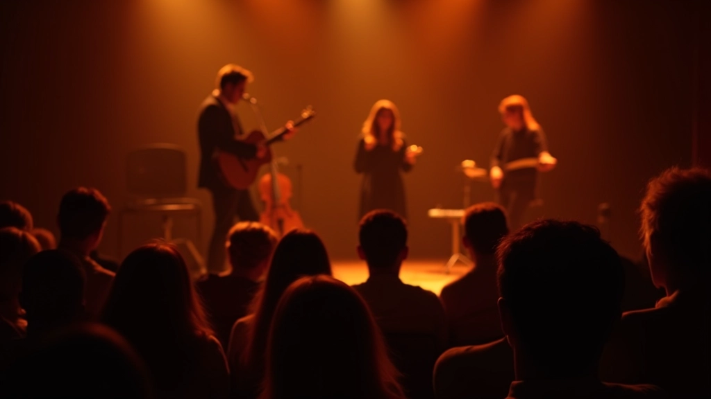 Fado performance on stage with singer and guitarist, warm stage lighting creating intimate atmosphere