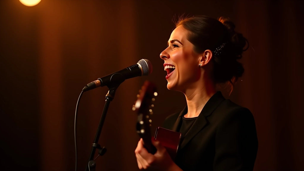 Woman singing fado with closed eyes, emotional performance in traditional Portuguese setting