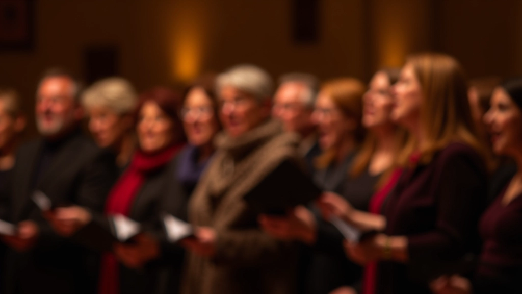 Community choir members singing together in formation, diverse group of mature adults