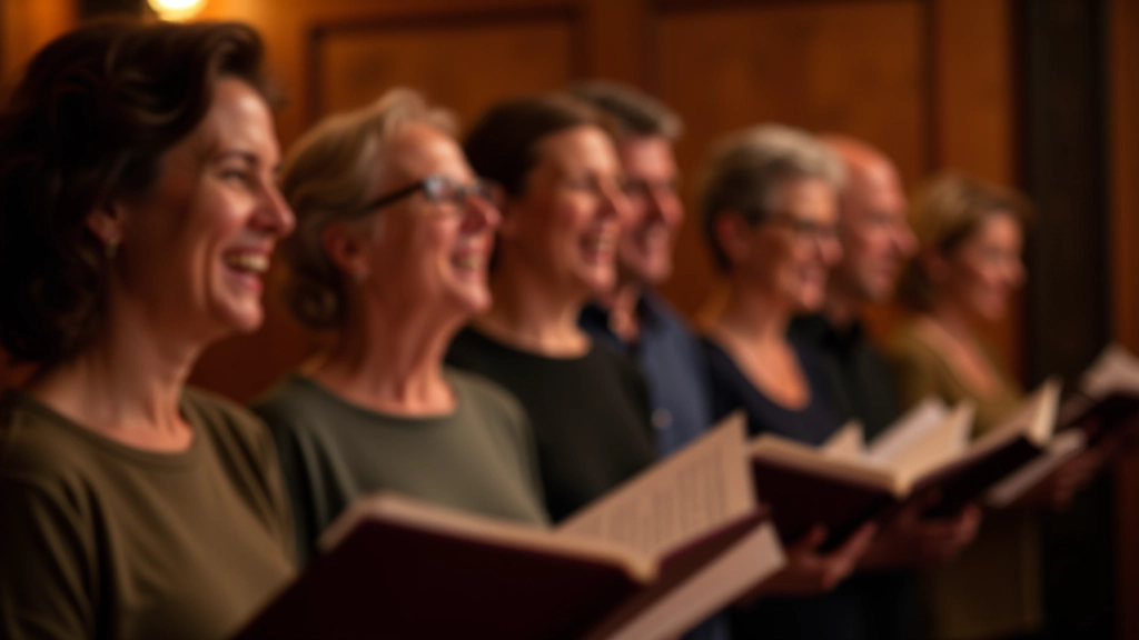 Group of mature adults singing together in warm-lit room, smiling and reading from sheet music, diverse ages and backgrounds represented
