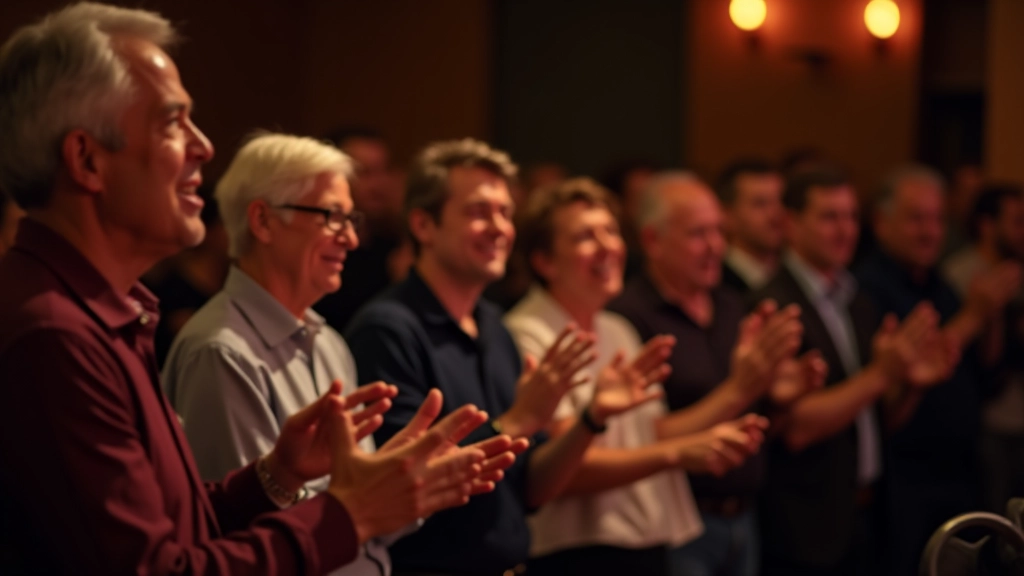 Group of mature adults enjoying acoustic concert together, clapping and smiling, diverse audience members engaged with musicians