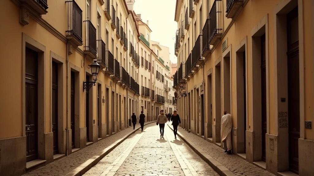Historic black and white photograph of Lisbon's Alfama district in the 1920s, narrow cobblestone streets and traditional buildings