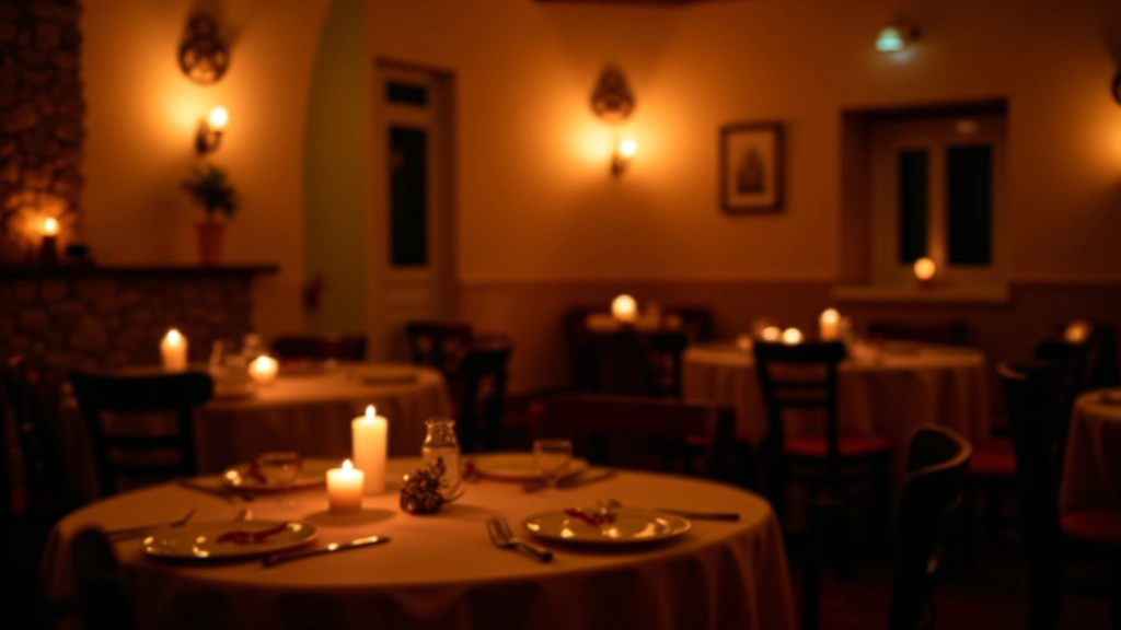 Interior of traditional fado restaurant in Lisbon with intimate table seating and warm candlelight