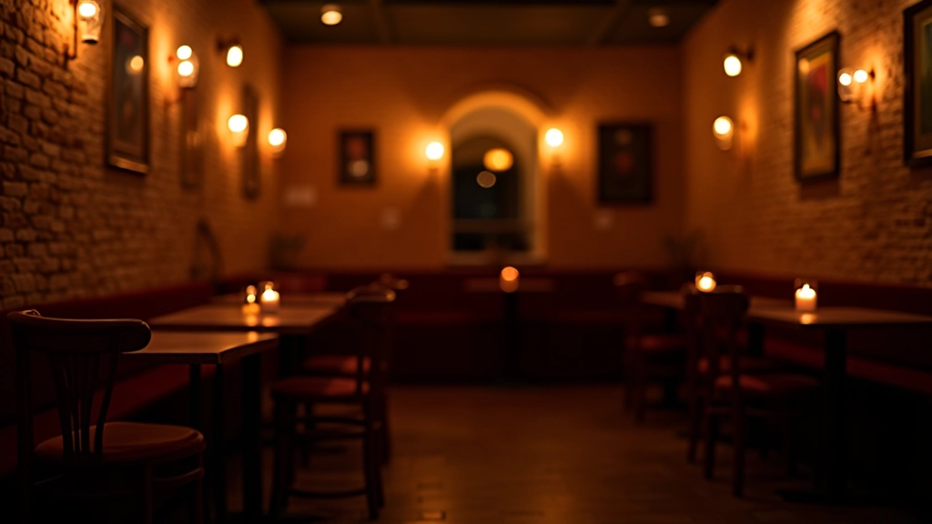 Intimate jazz club interior with exposed brick walls, warm candlelit tables, and wooden bar in historic Lisbon building