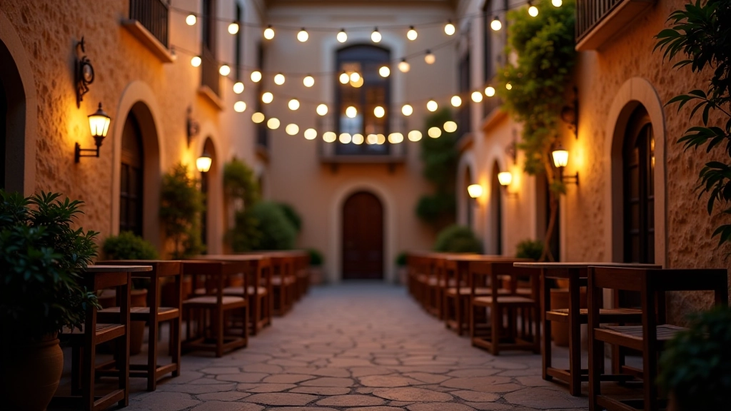 Intimate courtyard venue with string lights overhead, small wooden chairs arranged around a simple stage, historic stone architecture, evening ambiance