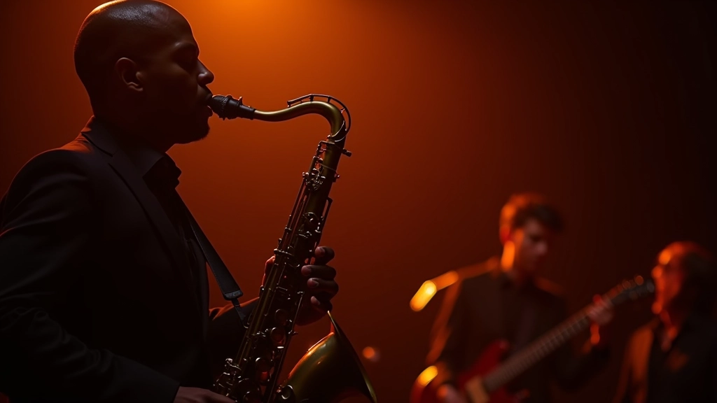 Close-up of jazz musician playing saxophone with focused expression, warm stage lighting highlighting musician's face and instrument