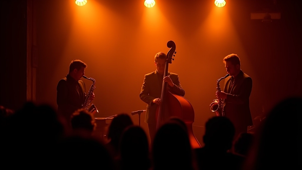 Jazz band performing on stage with warm amber lighting in intimate venue