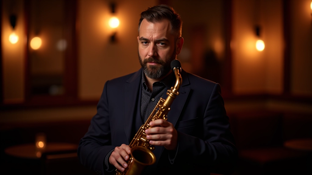 Jazz musician performing on stage in warm lighting at Portuguese jazz club