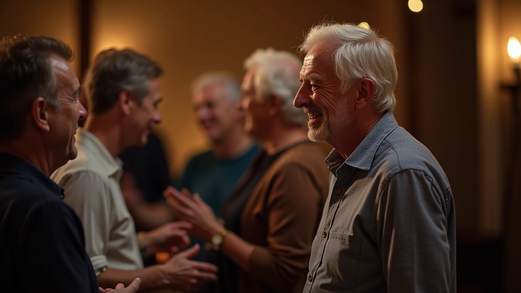 Group of choir members discussing and socializing after rehearsal, casual friendly atmosphere