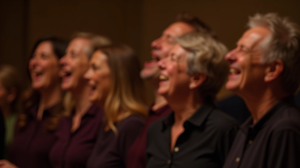 Choir members laughing and celebrating together after successful performance