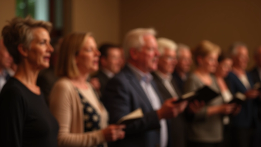 Mature choir singers in rehearsal, standing in rows, focused and engaged in singing