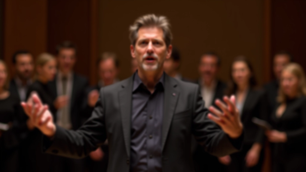 Choir conductor leading singers with expressive hand gestures during rehearsal