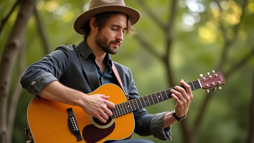 Acoustic guitarist performing outdoors in natural sunlight with trees in background