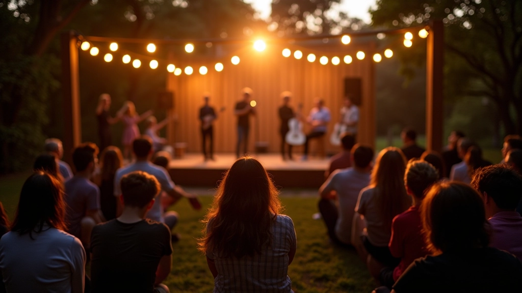 Outdoor concert venue with audience sitting on grass watching acoustic musicians perform on small wooden stage, sunset lighting