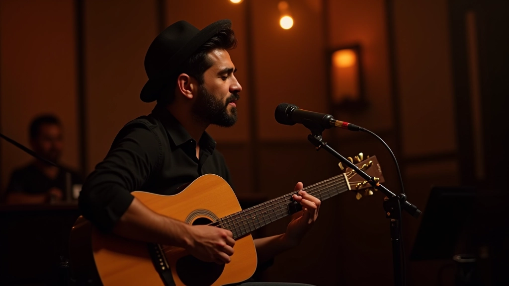 Acoustic guitarist performing solo in concert setting